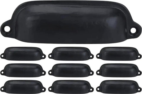 Set of 10 cast iron bin pulls in vintage black, 3.5 inch drawer pulls for cabinets and dressers, rustic finish.