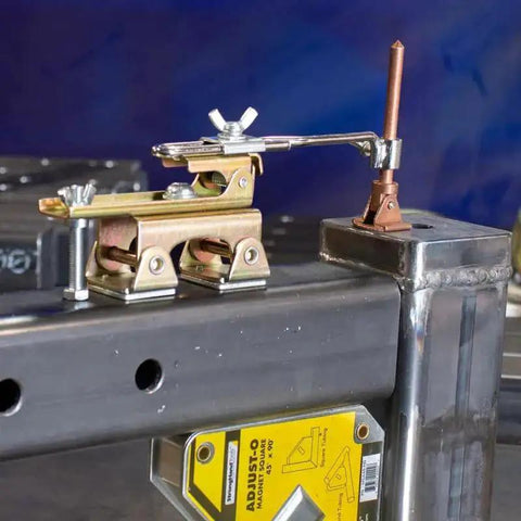 Deluxe Magnetic Grasshopper Welding Finger With Copper Spindle, V Pad Base, and Anti Tipping Bolt on metal surface, 7.5 Inch