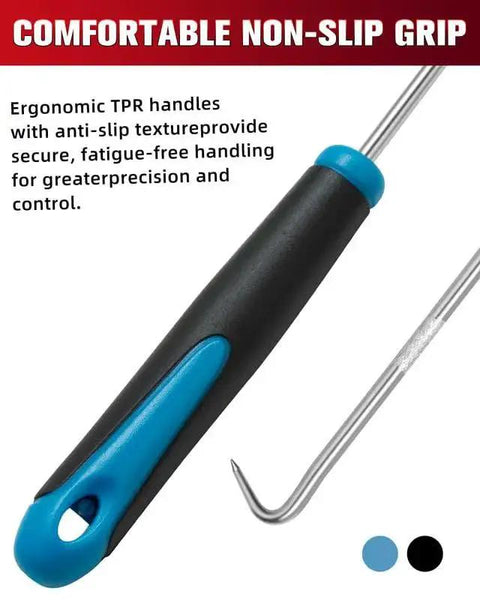 Pro Grade Hook and Pick Set for Automotive Repair with angled tip showing ergonomic non-slip handle