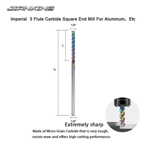 Extra Long One Eighth Inch Carbide Square End Mill For Aluminum Copper Alloy Plastic Wood Three Inch Overall Length Three Flute HRC 55 DLC Coated CNC Router Bit with measurement diagram