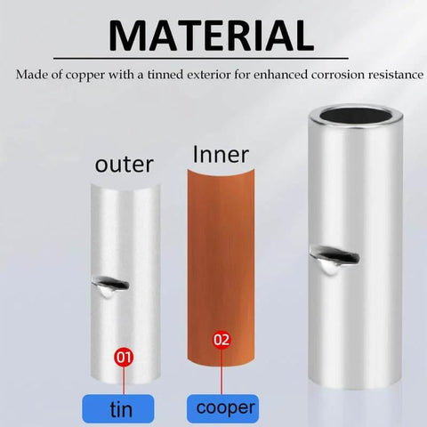 Close-up of 100 Piece Non Insulated Butt Connectors Kit showing tin-plated copper design and labeled inner and outer materials.