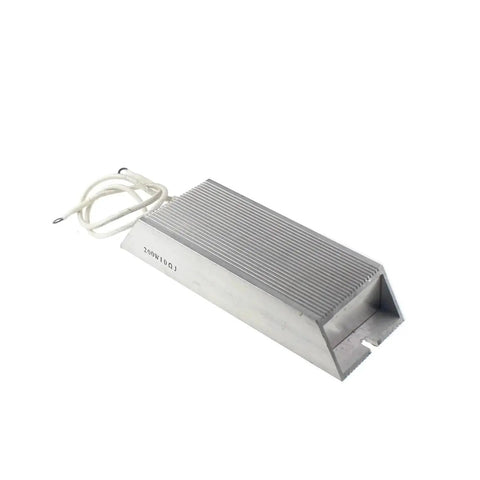 Side view of aluminum-cased high-power resistor with ribbed heatsink and white leads, 200W 5 ohm