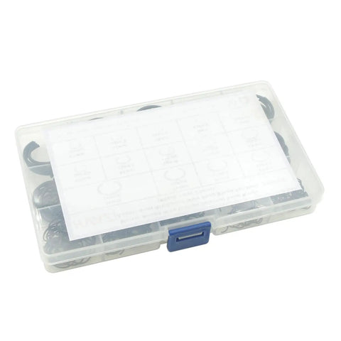 Clear plastic box of Pro Grade 310-Piece Round Wire C Clip Snap Ring Set with sizes for holes 7mm to 30mm