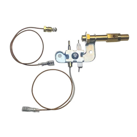 Pilot assembly for portable propane heater with brass valve and metal bracket, two brown thermocouple wires