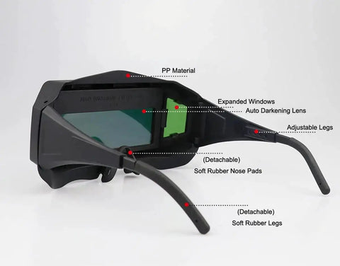 Side view of Solar Powered Auto Darkening Welding Glasses With Wide Shade For Tight Spaces Lightweight Safety Goggles.