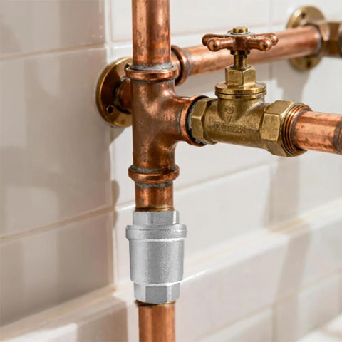 BesNPT 3/4 in NPT stainless steel spring check valve on copper pipe with brass inline shut-off valve