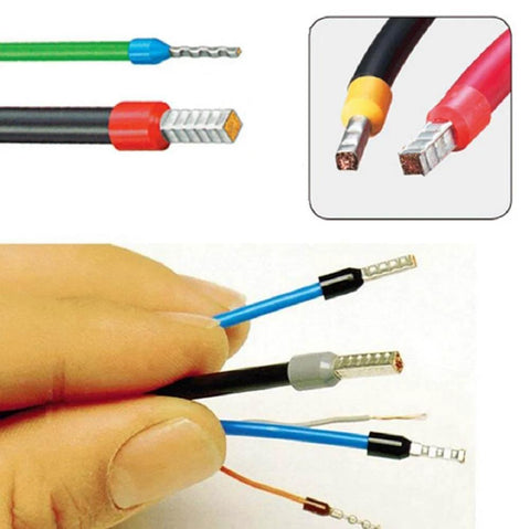 Close-up of 800 Piece Ferrule Wire Terminal Kit With Copper Crimp Connectors And Insulated Cord Pin End Terminals For AWG 22 To 10 Waterproof Visual Inspection Ready Comprehensive Wire Connector Set For Electrical Projects, showing multiple colored wire ends with copper ferrules.