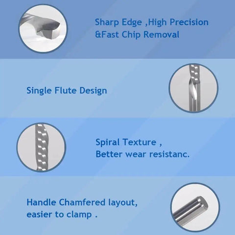 Features of Down Cut Single Flute End Mill Bit Set For CNC Router Pack Of Five; includes sharp edge, single flute, spiral texture.