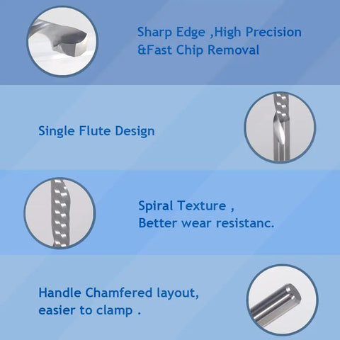 Image showing features of Down Cut Single Flute O Flute CNC Router Bit Set For Acrylic PVC MDF Wood With One Eighth Inch Cutting Diameter And One Sixteenth Inch Cutting Length Pack Of Five, including sharp edge, single flute design, spiral texture, and chamfered handle.