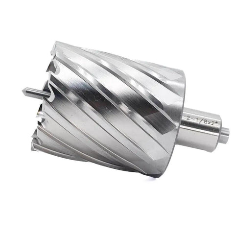 High Speed Two And One Eighth Inch Annular Cutter For Magnetic Drill Press With Two Inch Cutting Depth And Three Quarter Inch Weldon Shank Two Flat Pilot Pin And Thin Walled Dual Teeth Ten Times Faster Than Regular Drill Bits By OSCARBIDE close-up
