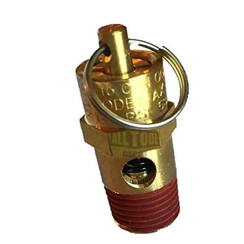 Brass air compressor relief valve, 1/4 NPT, red threaded base, tank safety pop-off.
