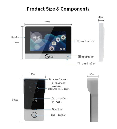 Diagram of Two Wire Video Intercom System With Indoor Monitor And Wifi Doorbell Camera, 7 Inch 1080P Touchscreen components.
