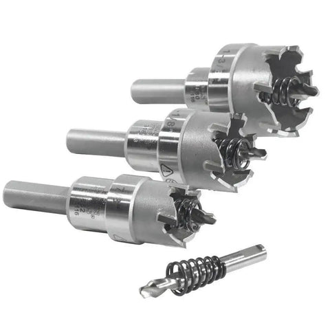 Heavy Duty Beast Carbide Hole Saw Kit With Pilot Bit In Rust Proof Molded Plastic Case Includes Three Hole Saws 7/8 Inch 1-1/8 Inch 1-3/8 Inch Plus One More Size For Quick Precise Drilling In Stainless Steel Mild Steel Iron Copper And Brass.