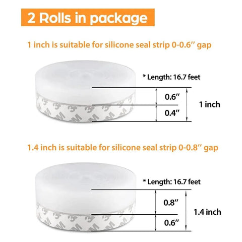 Two rolls of 33.5 Ft Weather Stripping Door Seal Strip With Self Adhesive Silicone Tape, showing 1 inch and 1.4 inch widths.