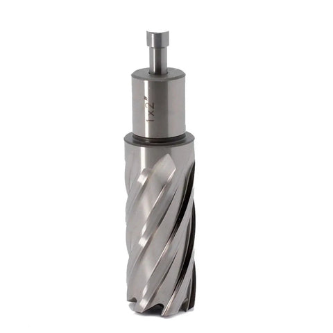 Engineered 1 Inch Cutting Diameter Annular Cutter For Magnetic Drill Press With 2 Inch Cutting Depth, 3/4 Inch Weldon Shank And 2 Flat, Pilot Pin Included, One Piece By Oscarbide, showing side view of cutter.