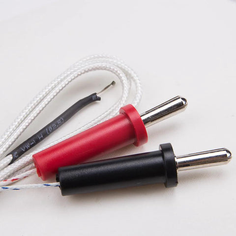 K-type thermocouple sensors (2 pcs) with red and black insulated housings and white braided leads, mini-connector tips