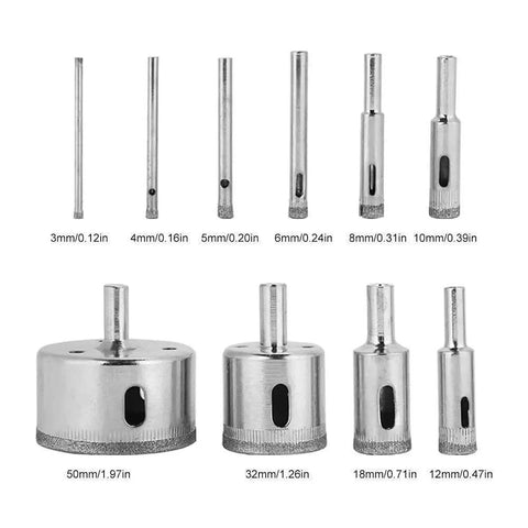 10 Piece Drill Saw Bits Set With Coated Core Bits For Glass Tile Ceramic Marble Porcelain Granite And More Pro Grade Performance Water Lubrication Required 3 To 50 Mm Sizes For Electric Drill