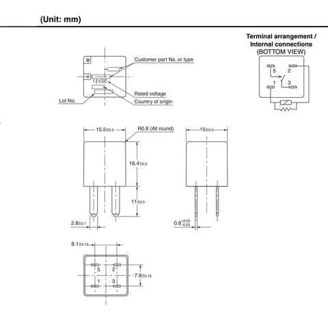 Technical diagram of 2 Pack Ultra Micro ISO Automotive Relay 12V DC 20A 4 Pins showing dimensions and terminal connections.