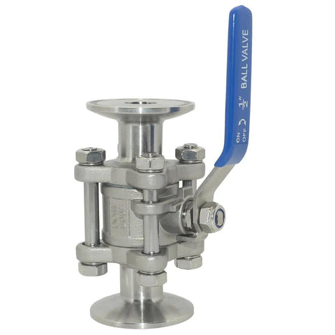 VARMHUS sanitary ball valve, stainless steel with blue lever, 1/2 in tube OD to 1.5 in tri-clamp fittings.