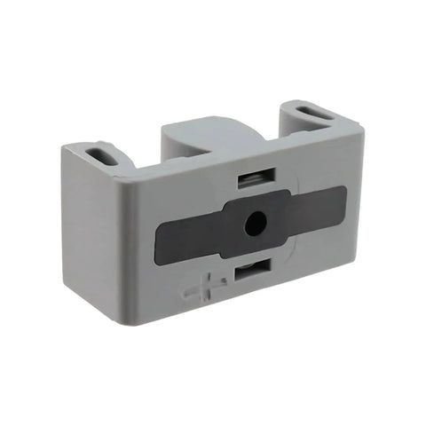 Close-up of a framed sliding shower door bumper, silicone and plastic protector with center hole, grey color.