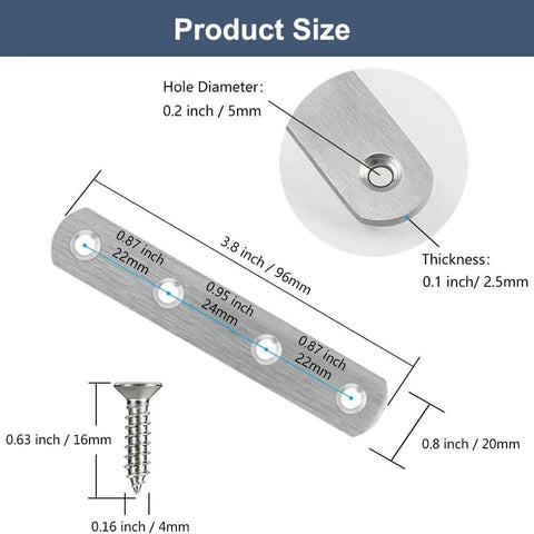 Product size dimensions of 8 Pack 4 Inch Stainless Steel Flat Straight Mending Plates Heavy Duty Repair Brackets With 4 Countersunk Holes And Screws.