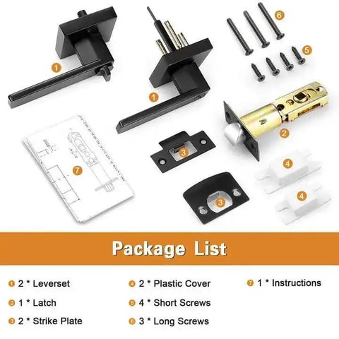 10 Pack Matte Black Privacy Door Levers With Square Rosette, including latch, strike plates, screws, and instructions displayed