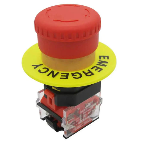 Emergency Stop Push Button Switch 2 NC Contacts Latching Type 600V 10A Industrial Control Button with yellow label and red cap