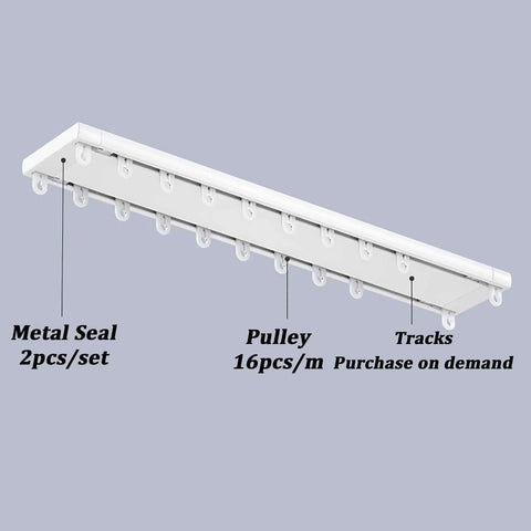 Heavy Duty Double Row Ceiling Curtains Track Silent Curtain Rail For Ceiling Double Track With Smooth Sliding Rails System Ideal For Room Dividers Bedroom And Shower Black Finish Aluminum Alloy Durable Wear Resistant 5.6m 18.4ft showing metal seal, pulley, and tracks.