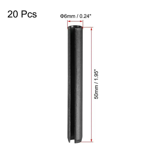 Slotted Spring Pin Kit 6mm By 50mm Plain Finish 65Mn Tension Pins Set Of 20 For Small Machine Projects shown with dimensions