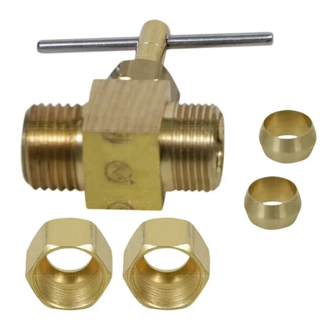 1 Quarter Inch Compression Straight Needle Valve Brass Lead Free, One Piece Body, shown with nut rings, ideal for water applications.