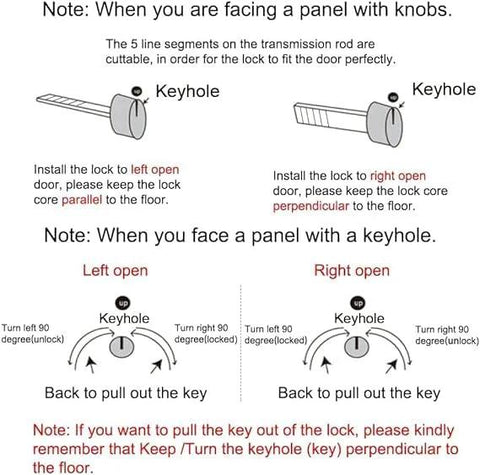 Graphic instructions for Pocket Door Lock With Key Privacy Door Hardware For Bedroom And Bath Inset Two Sided Lock