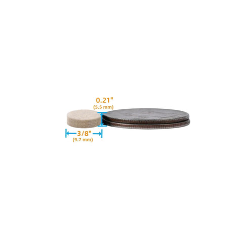 3/8 Inch Round Beige Felt Pads next to coins showing thickness for Cabinets and Furniture Self Adhesive Floor Protectors