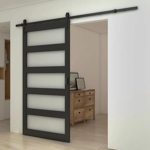 48 Inch By 84 Inch 5 Lite Tempered Frosted Glass Sliding Barn Door With Black Finish Composite Interior Hardware Kit And Rail System Left Or Right Mount Easy Assembly Dope Modern Farmhouse Vibe installed in hallway