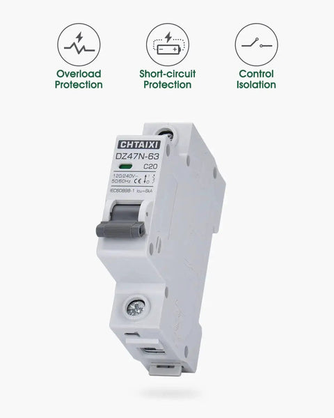 Front view of AC Miniature Circuit Breaker 20 Amp 120V 240V One Pole DIN Rail Mount MCB With Thermal Magnetic Trip Solar Disconnect Switch C20