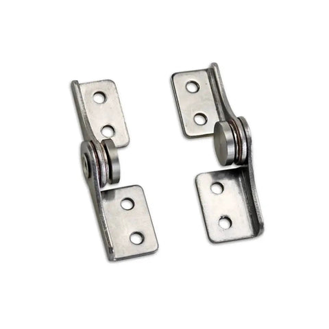 Close-up view of a pair of stainless steel L-shaped damping hinges with mounting plates and dampers