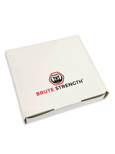 White box with Brute Strength logo, containing Two Pack White Leather Drawer Pulls For Industrial Style Furniture Upgrade Easy To Install Leather Handles For Cabinets And Drawers Measuring Seven And Seven Eighths Inches Long By One Inch Wide.