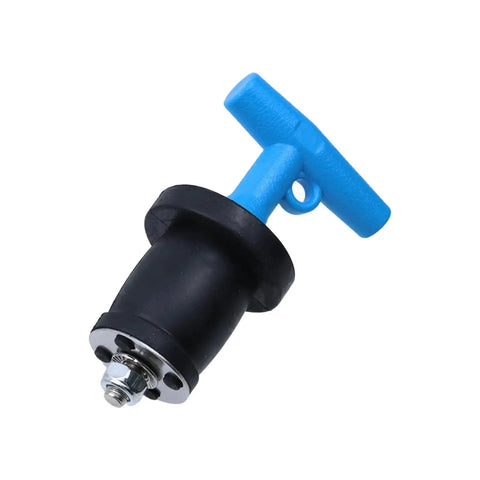 Rugged Stainless Steel Deck Drain Plug with blue handle and black rubber expansion seal, fits 1.75-2.25 inch openings, side view.