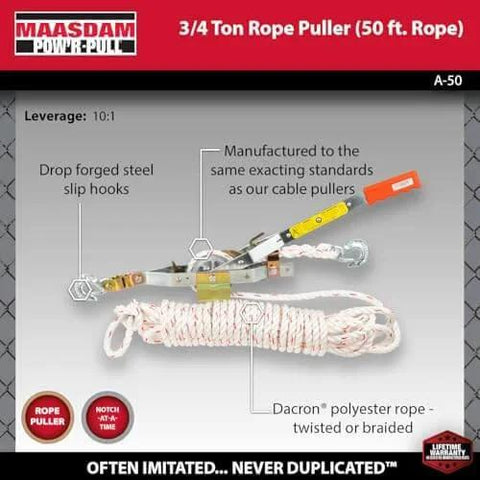 Three Quarter Ton Rope Puller With Fifty Foot Three Strand Twisted Polydacron Rope Included shown with labeled parts and features