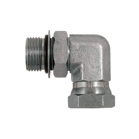 Side view of Heavy Duty Four SAE ORB Male To Quarter Inch NPSM Female 90 Degree Elbow Swivel Hydraulic Adapter Fitting, carbon steel, 5000 PSI.