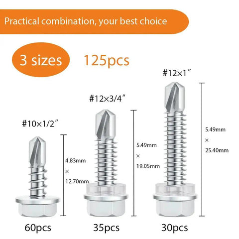125 Piece Self Tapping Screws Kit In 410 Stainless Hex Head Assortment For Sizes Ten And Twelve, shown in three sizes.