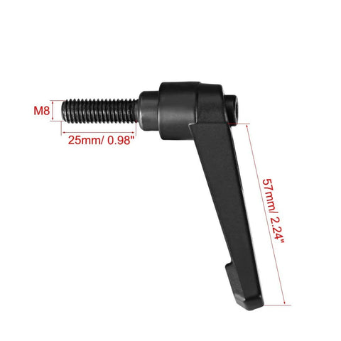 Side view of M8 25mm Adjustable Clamping Lever With Push Button Ratchet And Male Threaded Stud, matte black plated steel, 57mm length