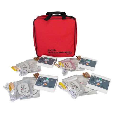 Four Pack AED Defibrillator Training Kit For Hands On Practice Use Only With Reusable Adult And Child Pads Connectors Case