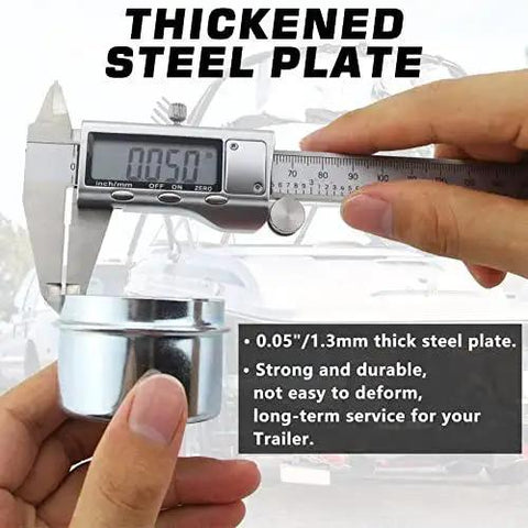 Hands holding caliper measuring thick 1.98 inch Trailer Hub Dust Cap Set 4 Pack 1.98 Inch Heavy Duty Spindle Bearing Grease Cap Covers