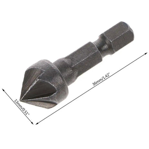 2 Pcs 90 Degree Countersink Drill Chamfer Bits With 1 Quarter Inch Hex Shank For Woodworking And Carpentry Angle Point Bevel Cutter To Remove Burrs And Create Clean Chamfers, front view showing measurements in millimeters and inches.