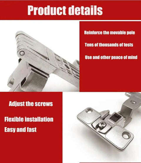 Close-up of Four Piece 270 Degree Folding Flat Hinge Set for full coverage kitchen cabinets made from heavy-duty zinc alloy with adjustable screws.