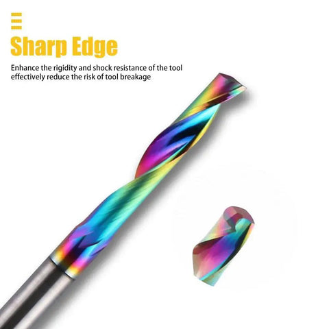 Boss Grade HOZLY 1/8-Inch Shank CNC Router Bits Pack Of 10 With 1/8-Inch Cutting Diameter And 17mm Cutting Length, Solid Tungsten Carbide End Mills, DLC Coated For Aluminum shown close-up with sharp edge.