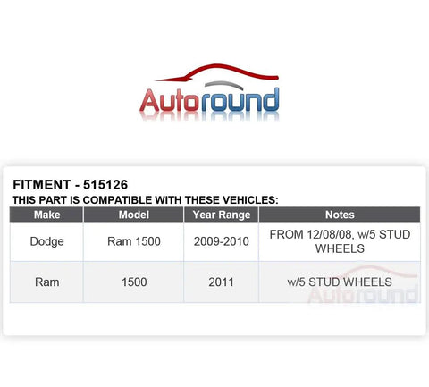 Compatibility chart for Pair Front Wheel Bearing And Hub Assembly For 2009 2010 2011 Ram 1500 5 Lug With ABS Replacement Front Hub