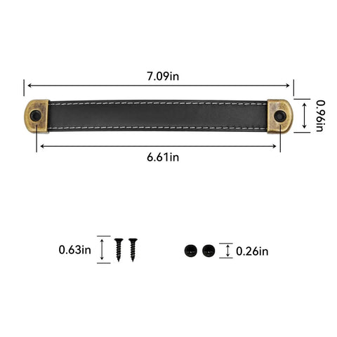 Dimensions of Two Pack Black Leather Drawer Handles With Mounting Screws for Cabinets, Drawers, Trunks and Suitcases.