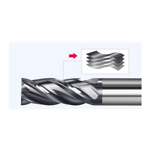 Five Piece 4mm CNC Carbide End Mill Set Four Flute Milling Cutter Top Notch Pro Grade Tungsten Carbide End Mill Bits close-up view