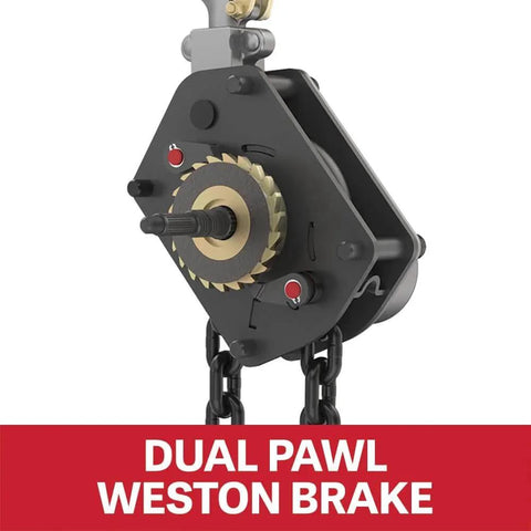 Close-up of the Weston-Style Double Pawl Brake on Three Quarter Ton Lever Hoist With 10 Ft Lift JLP-075A-10 for safer lifting.
